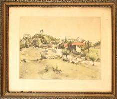 Dudás Jenő (1900-1991): Tihany. Színezett rézkarc, papír, jelzett, üvegezett fa keretben, 29,5×39 cm