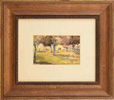 Raabe jelzéssel: Napfényes táj. Akvarell, papír, üvegezett fa keretben, 8×12,5 cm