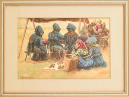 Jánossy Gy jelzéssel: Piaci árusok. Akvarell, papír, üvegezett fa keretben, 16,5×25 cm