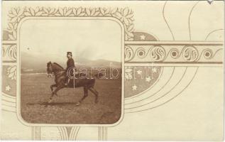 1905 Osztrák-magyar lovas katona / Austro-Hungarian K.u.K. military, cavalryman. Art Nouveau frame. photo (szakadás / tear)