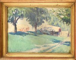 Olvashatatlan jelzéssel: Napsütötte házak. Akvarell, ceruza, papír, üvegezett fa keretben, 28×39 cm