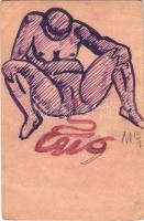 Menstruáló hölgy. Kézzel rajzolt tábori postai levelezőlap / Feldpostkarte / WWI Austro-Hungarian K.u.K. military, hand-drawn field postcard with lady on her period s: M.G. (EB)