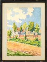 Szigeti 942 jelzéssel: Napfényes utca. Akvarell, papír. Üvegezett, kissé sérült fa keretben, 38,5×27,5 cm