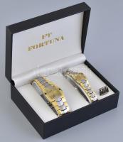 FT Fortuna férfi és női kvarc óra, 2 db, aranyozott fém tokkal és szíjjal, elem nélkül, minimális ko...