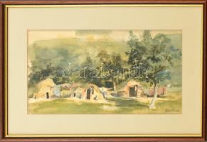 Szontágh Tibor (1873-1930): Faluvége. Akvarell, papír. Jelzett. Üvegezett fa keretben, 17×35 cm