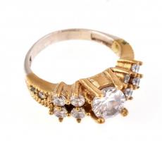 Aranyozott ezüst(Ag) gyűrű, fehér kövekkel, jelzett, méret: 59, bruttó: 6,56 g