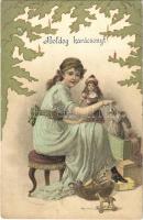 1906 Boldog Karácsonyt! / Christmas greeting art postcard, girl with doll. litho (fa)