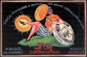 Gönczi-Gebhardt Tibor (1902-1994): Cipője fényesebb a napnál, ha Kakas pasztát használ. Plakátterv 1927. Akvarell, papír, jelzett. 22x34 cm