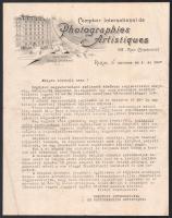 1907 Párizs, Comptoir International de Photographies Artistiques szecessziós, fejléces levélpapírjára írt magyar nyelvű, gépelt levél