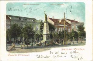 1900 Versec, Vrsac; Honvéd emlékmű, Hotel Milleker szálloda, Takarékpénztár. Wetti Vilmos kiadása / military monument, hotel, savings bank (EB)