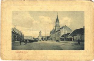 1914 Nagykikinda, Kikinda; Ferenc József tér, templom, üzletek. W.L. Bp. 625. / square, church, shops (EM)