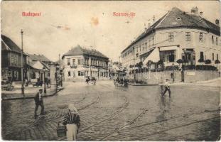 Budapest I. Tabán, Szarvas tér, villamospálya, bor és sörcsarnok, üzletek, omnibusz (Rb)