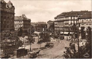 1928 Budapest VIII. Kálvin tér, villamosok, Fősör Maláta pezsgő, gyógyszertár. Csiky Foto