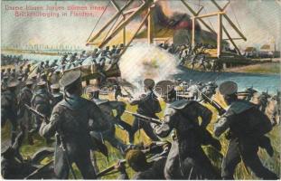 Unsere blauen Jungen stürmen einen Brückenübergang in Flandern / WWI German Navy (Kaiserliche Marine) art postcard, mariners storm a bridge crossing