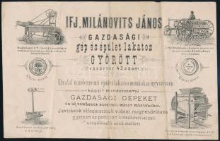 1879 Győr, Ifj. Milánovits János gazdasági gép és épületlakatos Győr fejléces számla, hajtásnyomokkal
