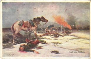 1915 Nach der Schlacht / WWI Austro-Hungarian K.u.K. military art postcard, after the battle, injured and dead soldiers. B.K.W.I. 259-70. (szakadás / tear)