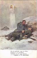 Ha mi győzünk, vagy az ellen... / WWI Austro-Hungarian K.u.K. military art postcard, dying soldier. A.F.W. III/2. Nr. 626. (EB)