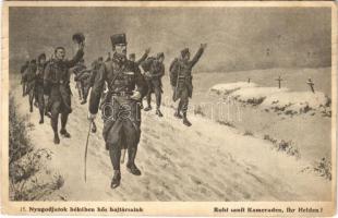 1914 Nyugodjatok békében hős bajtársaink / Ruht sanft Kameraden, Ihr Helden! / WWI Austro-Hungarian K.u.K. military art postcard, soldiers graves. Bauer és Tarnai s: Sieben (fl)