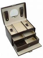 Exkluzív műbőr ékszeres dobozka, fiókos, gyűrűtartóval, hordozható, sérült. 22x16x22 cm