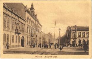 1916 Miskolc, Hunyady utca, villamossín, piac, bor, sör és pálinka üzlet (EK)