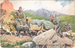 1916 Gebirgstrain am südwestlichen Kriegsschauplatz / WWI Austro-Hungarian K.u.K. military art postcard, mountain troop with dog-drawn packed carriages. B.K.W.I. 259-200. s: K. Feiertag (EM)