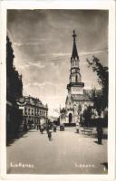 1932 Losonc, Lucenec; utca, templom, Halmos Hugó üzlete / street, church, shops. photo