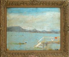 Szüle Péter (1886-1944): Balatoni táj. Pasztell, papír, jelzett. Üvegezett, korabeli, sérült fa kere...