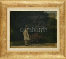 Zala R jelzéssel: Kislány virágokkal. Olaj, karton. Üvegezett, dekoratív fa keretben. 30×40 cm