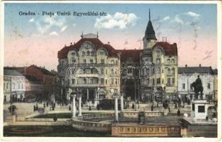Nagyvárad, Oradea; Piata Unirii / Egyesülési tér, villamos, üzletek / square, tram, shops + 1940 Nagyvárad visszatért So. Stpl. (EK)