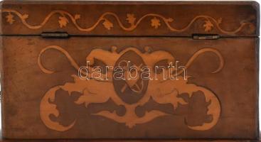 Antik fa ládika, címeres, intarziás díszítéssel, SR monogrammal, réz szerelékekkel, kulccsal, működő...