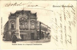 1904 Szabadka, Subotica; Nemzeti kaszinó, Kaponyai emlékszobor, sörcsarnok. Krécsi A. Nándor kiadása / casino, statue, beer hall