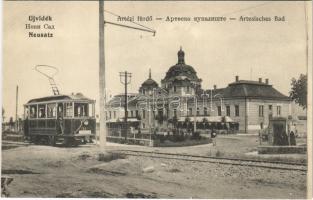 Újvidék, Novi Sad; Artézi fürdő, villamos, tőzsde bazár / spa, tram, bazaar shop