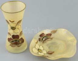 Váza és kínáló tál. Kézzel festett, formába fújt üveg. Hibátlan m: 21 cm , d: 24 cm