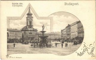 1902 Budapest VIII. Kálvin tér, villamos, szökőkút, templom, üzletek (EK)