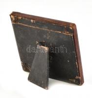 Régi bőr képkeret, aranyozott bőr borítás, réz belső keret, 8×8 cm, d: 5 cm