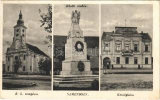 1943 Bóly, Németbóly; Római katolikus templom, Hősök szobra, emlékmű, Községháza. Kässdorf Ferenc kiadása + "M. kir. IV. h. híradó zászlóalj 2. század" (EK)