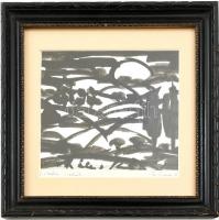 Mohácsi Regős Ferenc (1917-2003): Dombos vidék. Filc, papír, jelzett, paszpartuban, üvegezett fa keretben, 13x11,5 cm