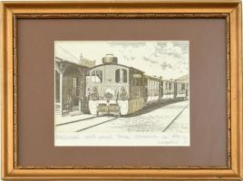 Veszprémi Endre (1925- ): Pomáz HÉV a vasútállomáson az 1890-es években rézkarc, papír, jelzett, üvegezett keretben 12x14 cm