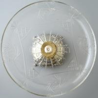 Ezüst (Ag) Talpas kínáló. Ezüst talpon üveg tál, tál csorba, a menet sérült, ezért az üveg tál ferdé...