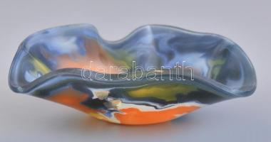 Dekoratív színes üveg tál, kopásnyomokkal, hiányos címkével, 16x16 cm, m: 5 cm