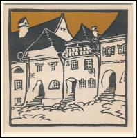 Kós Károly (1883-1977): Utcakép, színes linómetszet, papír, jelzés nélkül, paszpartuban, 12×11 cm