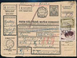 1949 Csomagszállító a Kozmai utcai börtönbe küldött csomagról 3,50Ft bérmentesítéssel, közte hozzáragasztott újságdarabon 15 x VIT 20f bélyeg