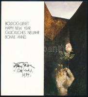 Szász Endre (1926-2003) festőművész autográf aláírása saját grafikájának reprodukciójával díszített újévi üdvözlőlapján, 1984-85