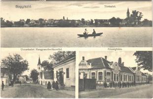 1931 Bogyiszló, Tó részlet, csónakázók, Községháza, utca, Hangya Szövetkezet üzlete