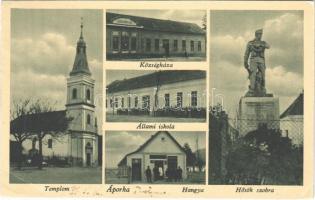 1944 Áporka, Református templom, Községháza, Állami iskola, Hősök szobra, emlékmű, Hangya szövetkezet üzlete és saját kiadása (EB)