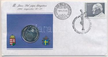 1991. 100Ft Cu-Ni II. János Pál pápa látogatása Magyarországon érmés borítékban, első napi bélyegzéssel, műbőr tokban T:1