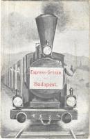 1902 Budapest, Express-Grüsse aus Budapest / Gőzmozdonyos üdvözlőlap + PRAGERHOF - BUDAPEST 7. SZ. vasúti mozgóposta bélyegző (kopott sarkak / worn corners)
