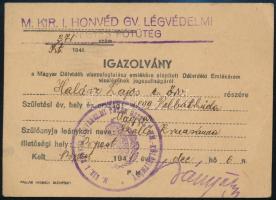 1941 M. Kir. Honvéd Légvédelmi Vegyes Pótüteg által kiállított, a magyar Délvidék visszafoglalása emlékére alapított Délvidéki Emlékérem viselésére jogosító igazolvány