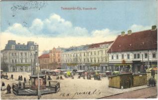 Temesvár, Timisoara; Gyárváros, Kossuth tér, piac, Csendes és Fischer, Jaszenszky Nándor üzlete, emlékmű / square, Fabrica, market, shops, monument