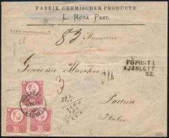 1874 5 db látványosan képbe fogazott Réznyomat 5kr ajánlott levélen Pestről az olaszországi Padovába. 2 olasz vizsgálójellel.